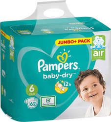 Pampers Baby-Dry 6 – Jumbo+Pack, 62 Pieluchy z Technologią Oddychającą